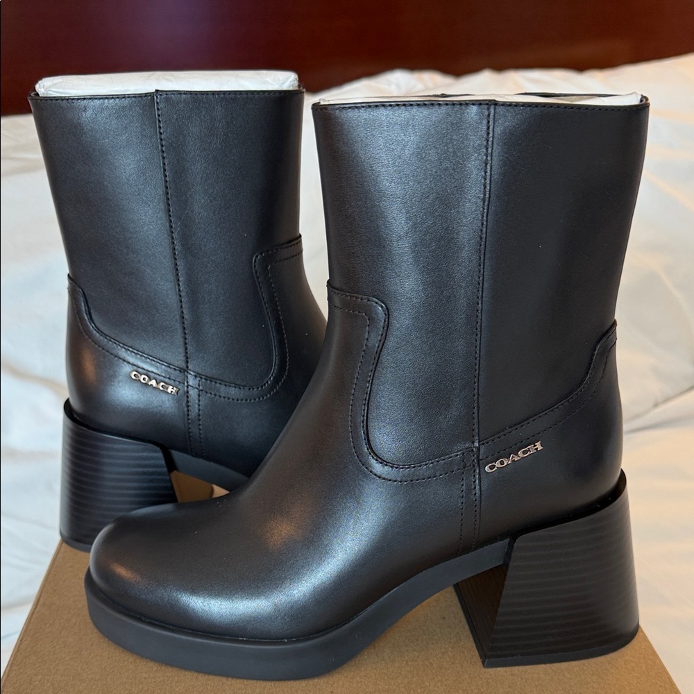 COACH Black Leather Block Heel LTH Boots - Size 8